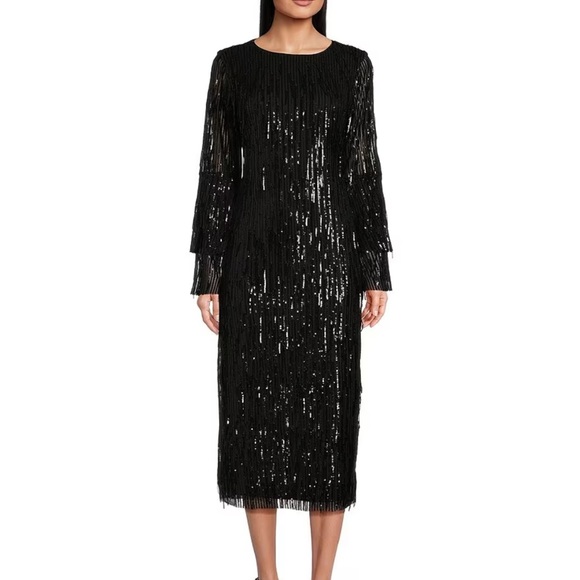 Long Bell Sleeve Boat Neck Sequin Midi Shift Dress - Picture 1 of 4